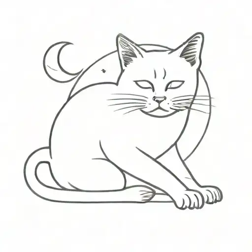 gato en luna nueva con la cola colgando (blanco y negro) tattoo design idea