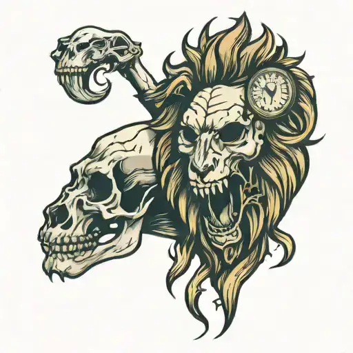 Lion skull clock tattoo design idea