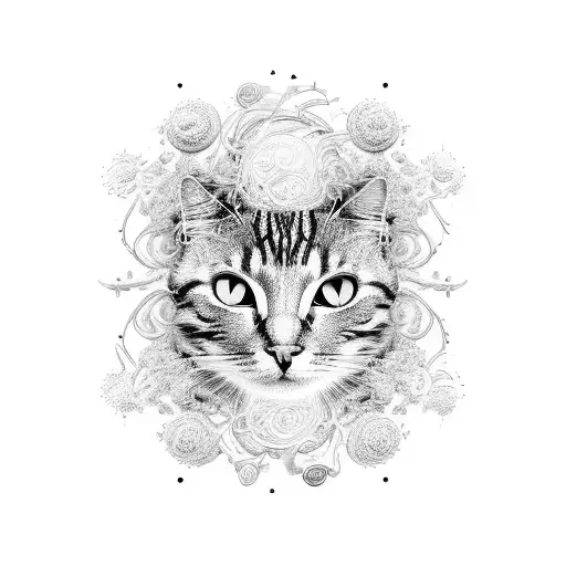 An abstract representation of chaos using floral patterns and musical elements, with microscopic details of cat cells scattered throughout tattoo design idea