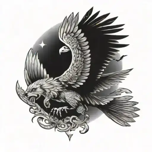 A whimsical design of a dog riding a majestic hawk like a mythical creature, blending the client's love for dogs and birds of prey tattoo design idea