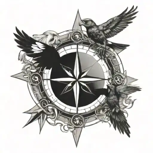 An intricate compass design with various birds of prey perched on each cardinal direction, representing a sense of direction and adventure tattoo design idea