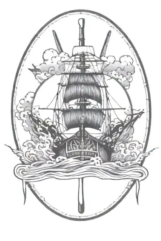 ship sailing towards storm with man on bow pointing forward   tattoo design idea