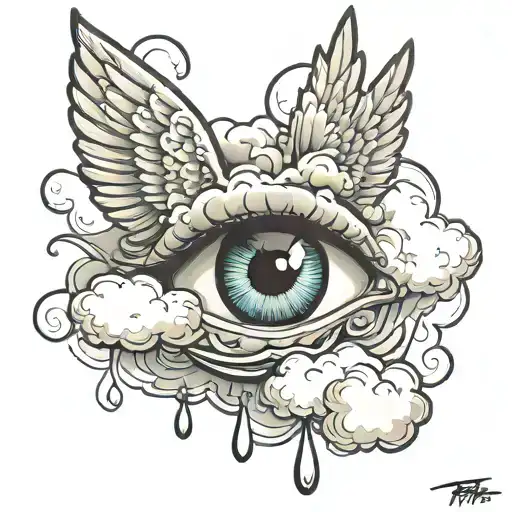 real tear drop coming from an eye floating on clouds with wings tattoo design idea