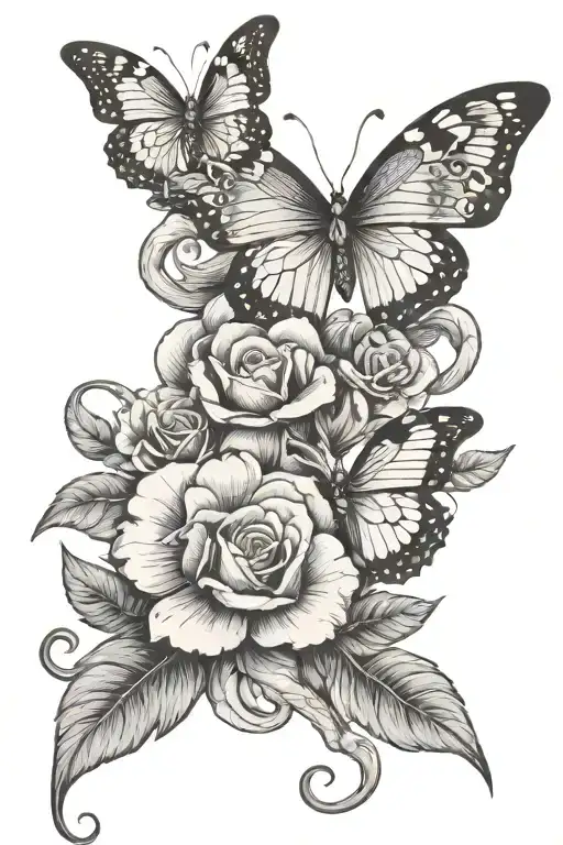 flower with snake and butterfly  tattoo design idea