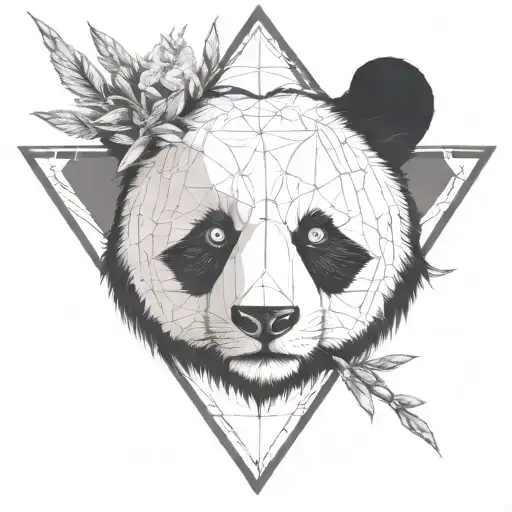Fine line panda head in a triangle with arrows and fine vegetal black with all details in triangle  tattoo design idea