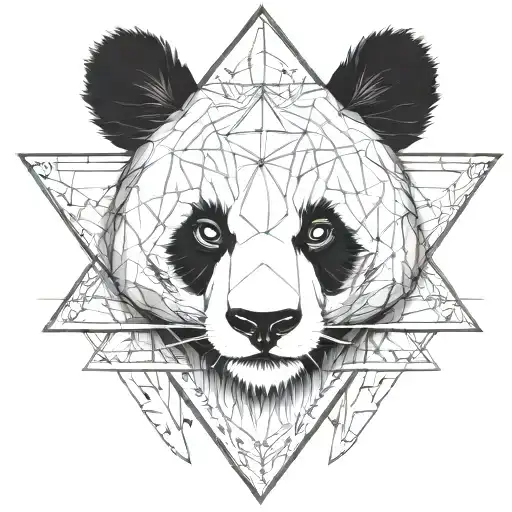 Fine line panda head in a triangle with arrows and fine vegetal black with all details in triangle no details inside  tattoo design idea