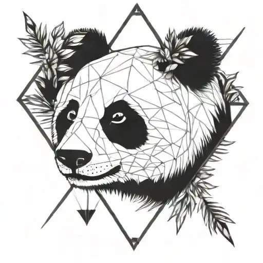 Fine line panda head in a triangle with arrows and fine vegetal black with all details in triangle  tattoo design idea