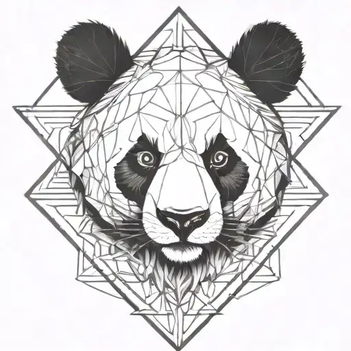 Fine line panda head in a triangle with arrows and fine vegetal black with all details in triangle less details inside  tattoo design idea