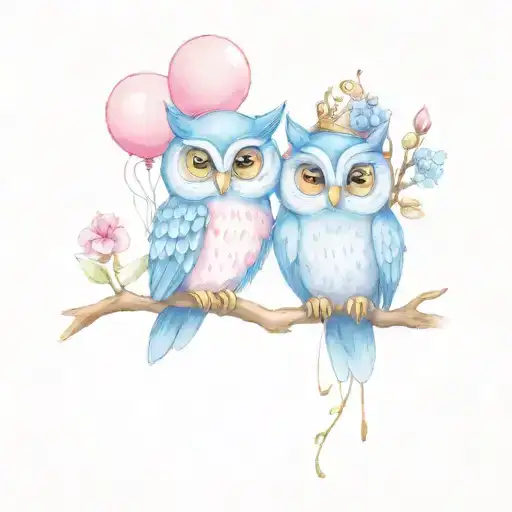 cute owl kings on a branch with orchids, two pink balloons, one blue balloon, d tattoo design idea