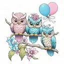 three cute owls on a branch with orchids, two pink balloons, one blue balloon, tattoo design idea