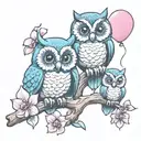 three cute owls on a branch with orchids, two pink balloons, one blue balloon, tattoo design idea