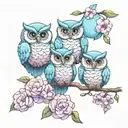 three cute owls on a branch with orchids, two pink balloons, one blue balloon, tattoo design idea