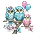 three cute owls on a branch with orchids, two pink balloons, one blue balloon, tattoo design idea