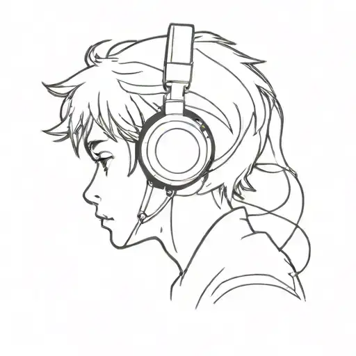 A minimalist tattoo of a silhouette of a student with headphones, surrounded by anime characters tattoo design idea
