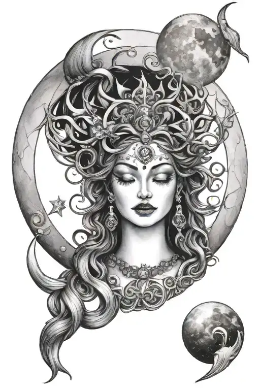 beautiful moon goddess with triple moon symbol  tattoo design idea