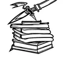 Stack of books with flames and a sword going through the stack of books.  tattoo design idea