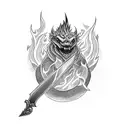 Book on fire with sword going through it tattoo design idea