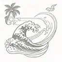 sea wave with surfing and coconut tattoo design idea
