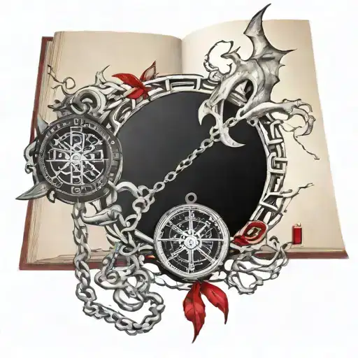 chain with Germanic runes, book, hearts, mirror, wounded warrior, broken compass, branch, dragon, black-white-red tattoo design idea