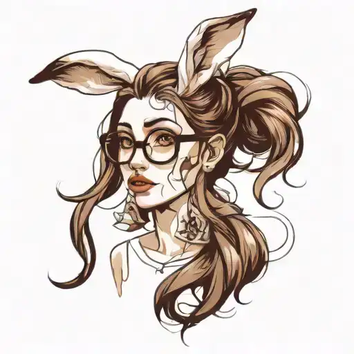 white sexy skinny woman, long face, long brown hair, big nose, glasses, little lips, white rabbit ears tattoo design idea