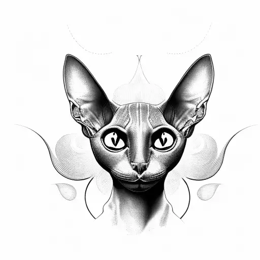 simple black outline of a sphinx cat's head. the cat has a third eye. two eyes are normal but one on its forehead tattoo design idea
