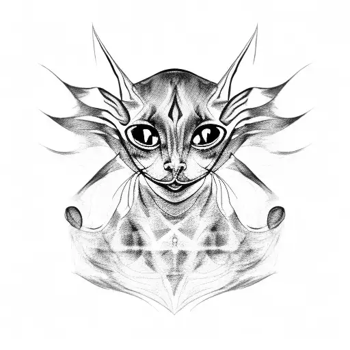 simple black outline of a sphinx cat's head but the cat has a third eye on its forehead tattoo design idea