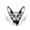 simple black outline of a sphinx cat's head. the cat has a third eye. two eyes are normal but one on its forehead tattoo design idea