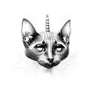simple black outline of a sphinx cat's head. the cat has a third eye. two eyes are normal but one on its forehead tattoo design idea