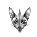 simple black outline of a sphinx cat's head. the cat has a third eye. two eyes are normal but one on its forehead tattoo design idea