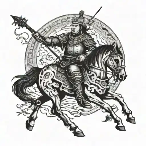 mongol warrior playing a guitar on running horse tattoo design idea