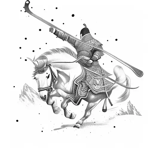 male mongol warrior playing guitar on running horse tattoo design idea