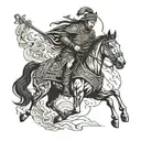 mongol warrior playing a guitar on running horse tattoo design idea