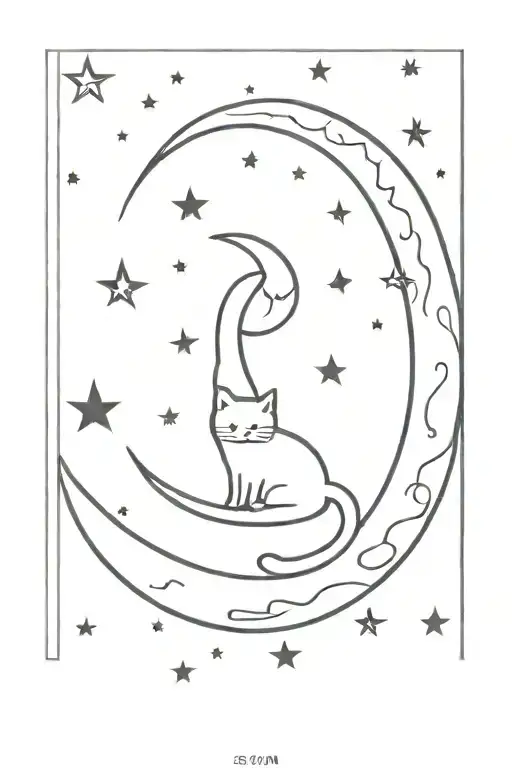 A minimalist tattoo of a crescent moon surrounded by swirling stars, with a cat silhouette sitting on the moon tattoo design idea