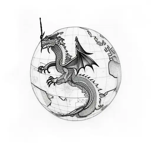 A minimalist tattoo of a dragon flying over a world map tattoo design idea