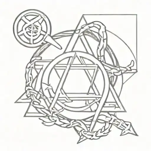 Punk-inspired tattoo design featuring an anarchy symbol and a metal band logo intertwined, with a festival scene in the background tattoo design idea