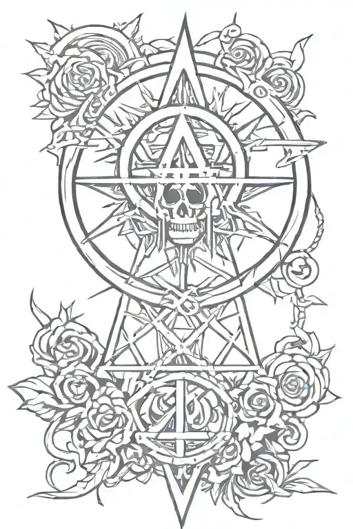 Punk-inspired tattoo design featuring an anarchy symbol and a metal band logo intertwined, with a festival scene in the background tattoo design idea