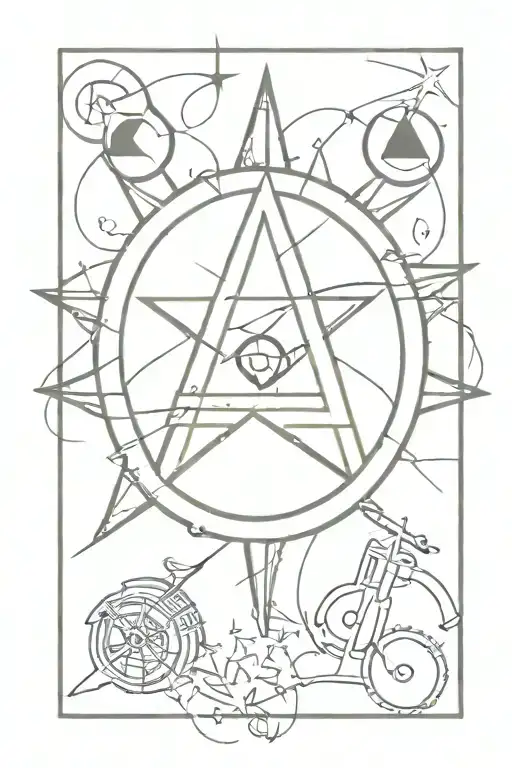 Punk-inspired tattoo design featuring an anarchy symbol and a metal band logo intertwined, with a festival scene in the background tattoo design idea