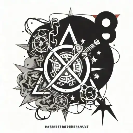 Punk-inspired tattoo design featuring an anarchy symbol and a metal band logo intertwined, with a festival scene in the background tattoo design idea