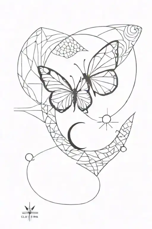 geometric and minimal for elements of moon, feminine part, and fire, butterfly tattoo design idea