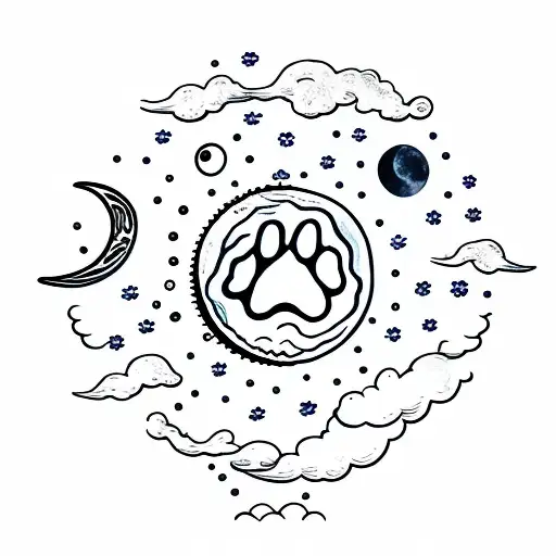 clouds, moon, ocean, paw print tattoo design idea