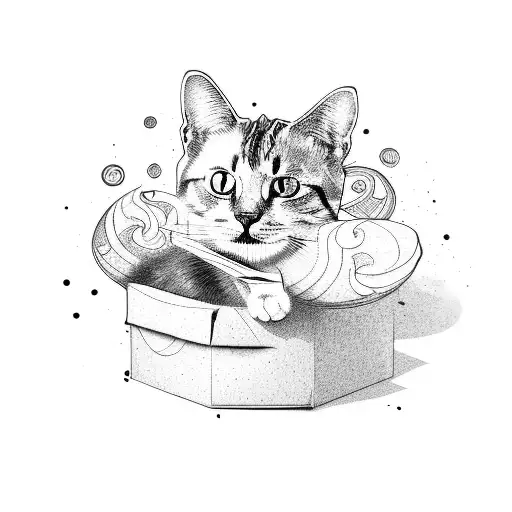 a cat hiding inside a cardboard box with kintsugi design tattoo design idea