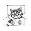 a peeking cat inside a cardboard box with kintsugi design tattoo design idea