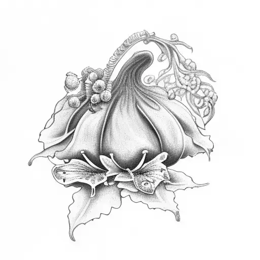 long vine starting from an acorn and including a lilly, Bluebonnet, and other flowers tattoo design idea