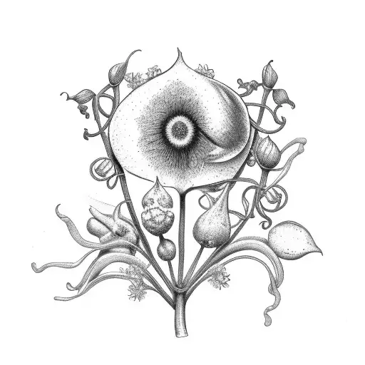 vine of plants and flowers starting from an acorn and including a lilly, Bluebonnet, and other flowers tattoo design idea