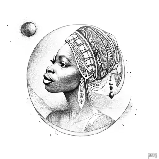 queen African lady holding a planet  tattoo design idea