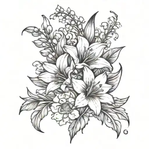 gladiolus flower, sunflower, and lily of the valley tattoo design idea
