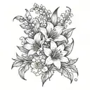 gladiolus flower, sunflower, and lily of the valley tattoo design idea