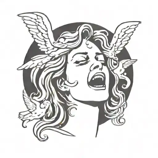 There is a religious image of a silhouette of a woman with angels and demons, half of her face crying and half laughing. tattoo design idea