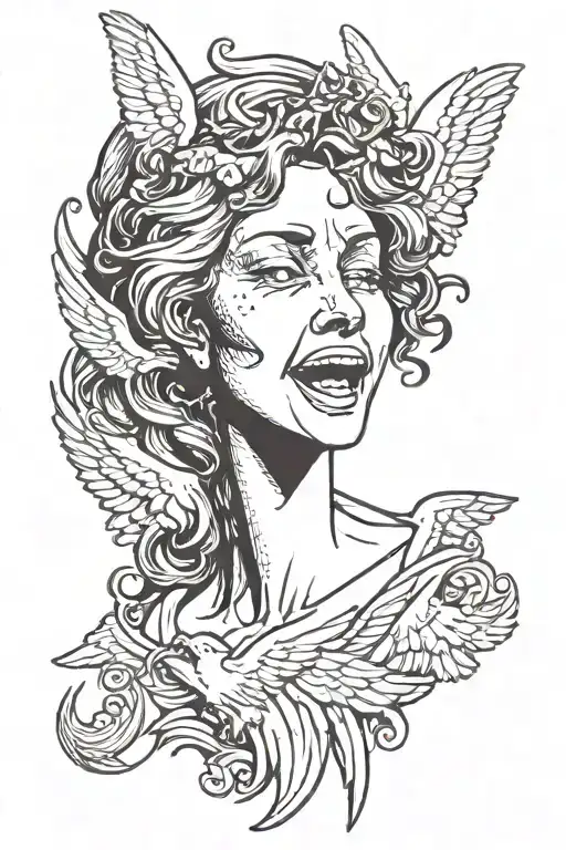 There is a religious image of a silhouette of a woman with angels and demons, half of her face crying and half laughing. tattoo design idea