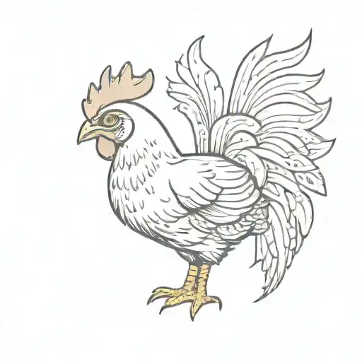 cute chicken with small wings and big tail in small crown drawn with thin line tattoo design idea